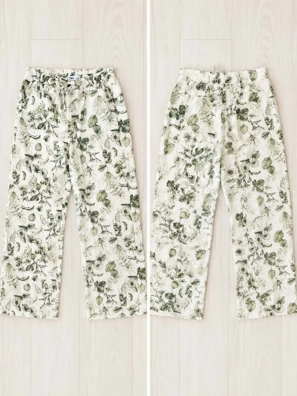 ZARA Floral Print High Waist Drawstring Wide Leg Pants Ecru Green